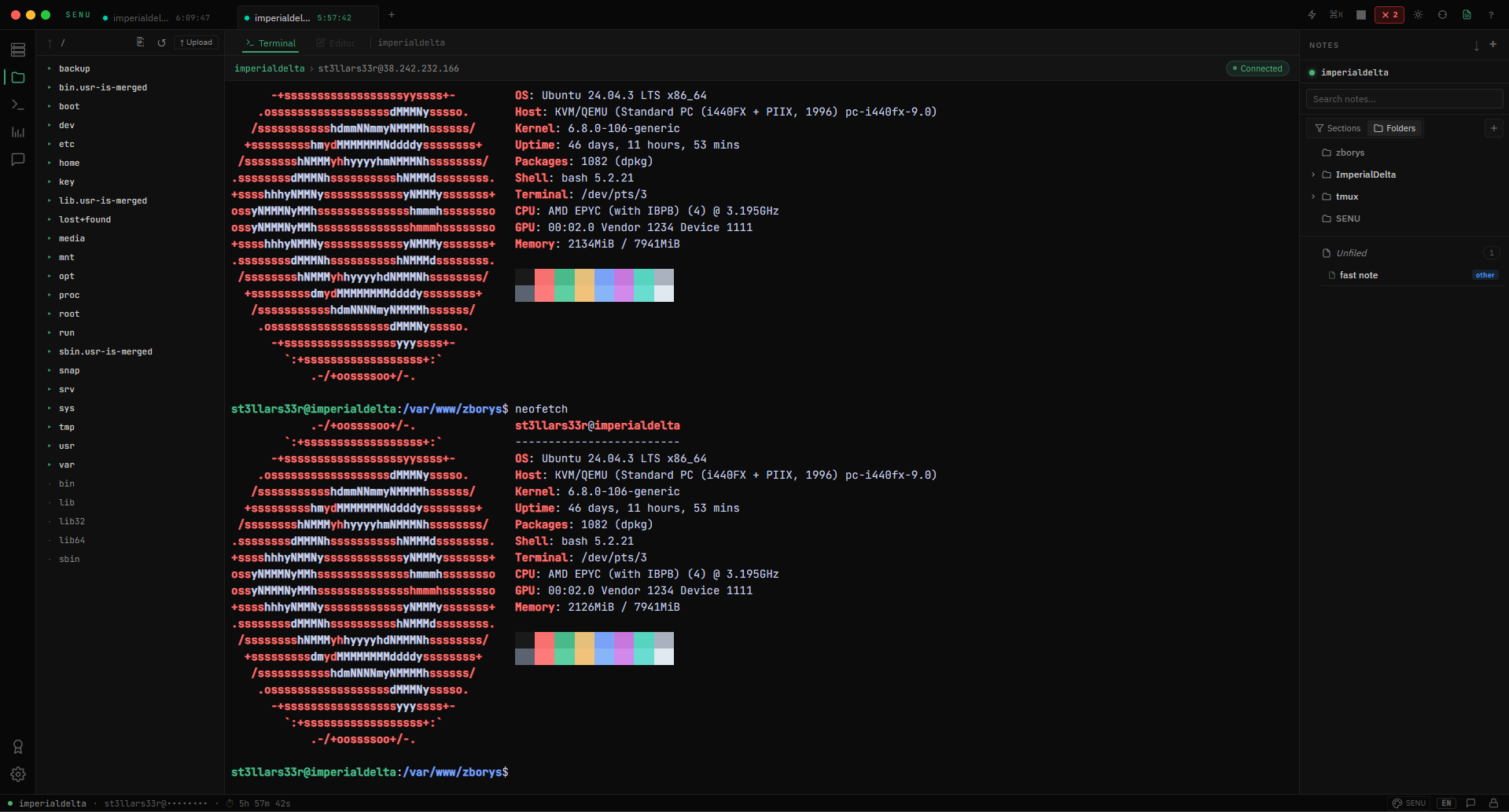 a screenshot of SENU's notes panel next to the terminal — to show what "terminal + notes" actually means visually