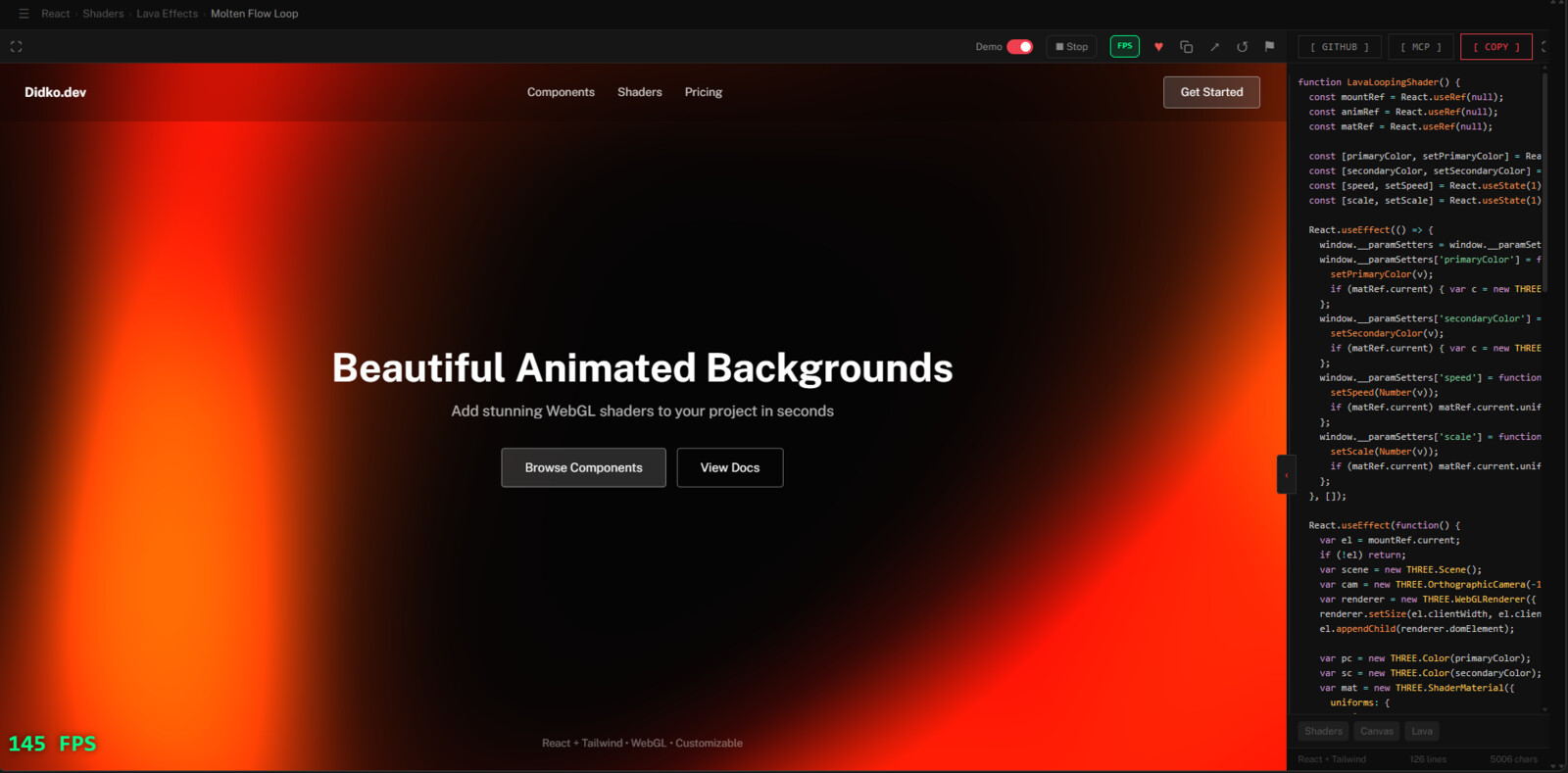 A component page: the live shader on the left, its code exposing window.__paramSetters on the right