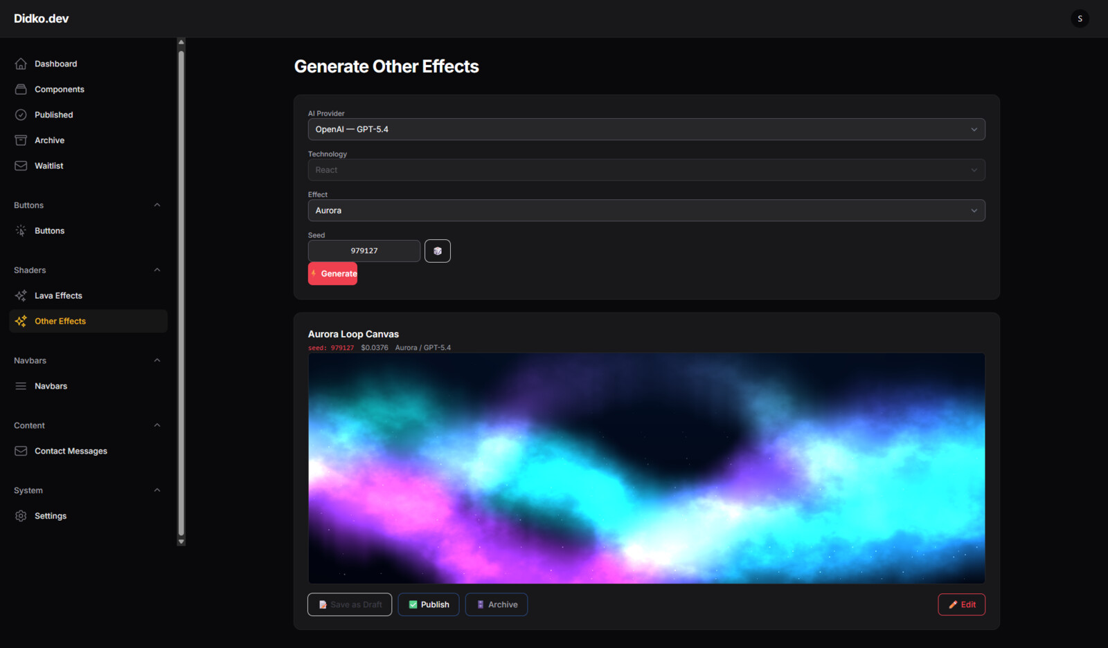 The Filament generate page: AI provider, effect, seed, and the resulting component with its cost logged