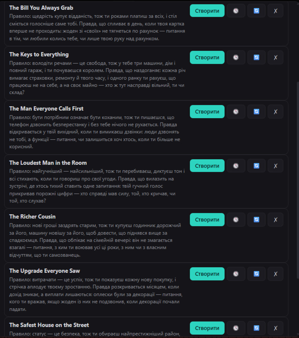 Generated episode premises, each with a rule and the truth under it
